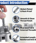 Close-up of nickel-plated PVC pipe threader tool showing hex shank with dual threading features for Essential 3 Pcs PVC Pipe Threader Tool Set For Quick Plumbing Repairs Upgraded Mixed Design Includes 1 Half And 3 Quarters Inch Npt Threading Heads With Hex Shank Drive For Easy Home Improvement Tasks And Diy Projects.