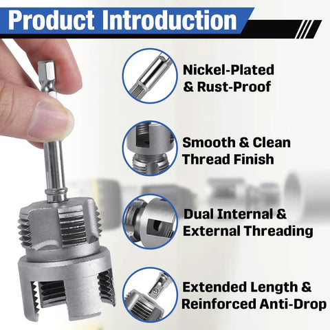 Close-up of nickel-plated PVC pipe threader tool showing hex shank with dual threading features for Essential 3 Pcs PVC Pipe Threader Tool Set For Quick Plumbing Repairs Upgraded Mixed Design Includes 1 Half And 3 Quarters Inch Npt Threading Heads With Hex Shank Drive For Easy Home Improvement Tasks And Diy Projects.