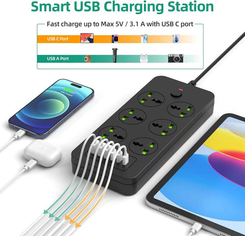 Power Strip With 6 Universal Outlets And 3 USB-C Ports Plus USB-A, 11-Device Charging, 3000W Overload Protection, 110-240V International Power Adapter, Great For Home Office And Travel, Black, shown charging multiple devices including smartphones and tablets, USB cords connected, compact design.