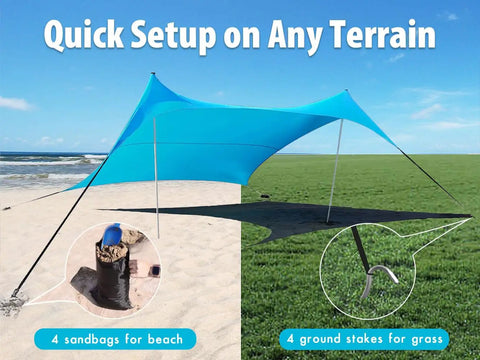 Ten By Ten Foot UPF50 Plus Beach Tent Sun Shelter with stakes and sandbags on beach and grass