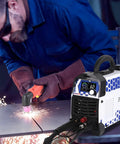 Technician using 60 Amp Plasma Cutter With Pilot Arc Non Contact Ignition Dual Voltage 120V And 240V, large digital screen visible.