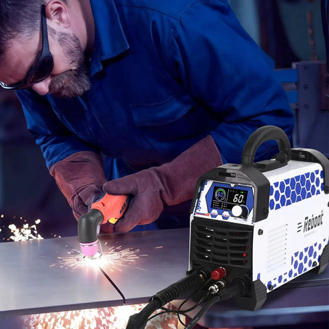 Technician using 60 Amp Plasma Cutter With Pilot Arc Non Contact Ignition Dual Voltage 120V And 240V, large digital screen visible.