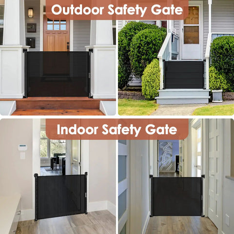 Adjustable Mesh Baby Gate 0 To 60 Inches Wide With Safety Lock Roll Up To Save Space Portable Folding Mesh Dog Gate For Stairs Indoor Outdoor Use Black shown in outdoor and indoor settings
