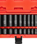 Three-Eighths Inch Drive Impact Socket Set, 6-Point SAE Standard and Deep Sockets, Cr-V Steel, 20-Piece Kit in red case
