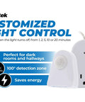 Indoor Plug In Motion Sensor Light Control 2 Pack With Auto On When Motion Is Detected showing features and energy saving benefits.