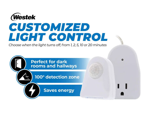 Indoor Plug In Motion Sensor Light Control 2 Pack With Auto On When Motion Is Detected showing features and energy saving benefits.