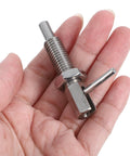 Heavy Duty Stainless Steel L Shaped Locking Pin With Grippy Handle in hand, showcasing thumb control lever and threaded pin.