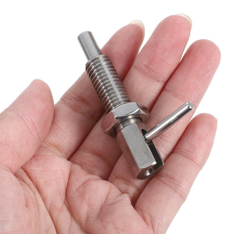 Heavy Duty Stainless Steel L Shaped Locking Pin With Grippy Handle in hand, showcasing thumb control lever and threaded pin.