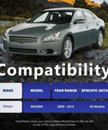Nissan Maxima 2009-2014 compatibility check with text overlay for front suspension lower control arm set replacement.