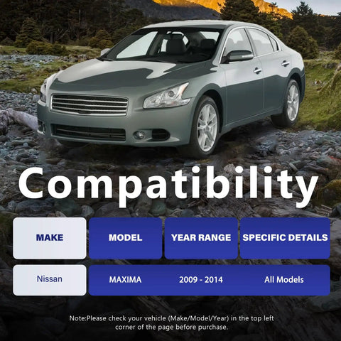 Nissan Maxima 2009-2014 compatibility check with text overlay for front suspension lower control arm set replacement.