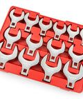 1/2 Inch Drive Jumbo Crowfoot Wrench Set, 14-Piece From 1-1/16 To 2 In, Includes Handy Storage Tray, displayed in red tray
