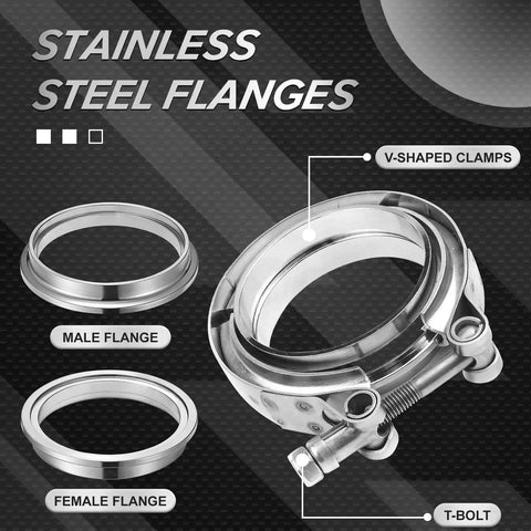 3.0 Inch Universal Stainless Steel V Band Clamp Flat Flange Kit with male and female flanges, V-shaped clamps, T-bolt detail