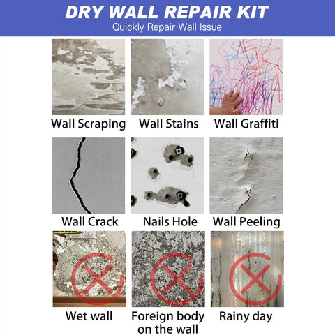 Various wall repair issues including wall scraping, stains, graffiti, cracks, and holes suitable for 2 Pack White Spackle Wall Repair Paste Kit.
