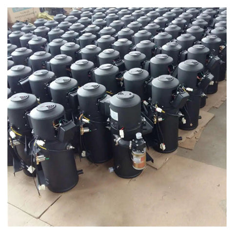 Multiple 12V Diesel Truck Parking Heaters With Water Cooling System lined up for display in a warehouse.