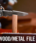 Close-up of Wingman Multitool With Spring Action Pliers And Scissors Stainless Steel 14 Tools In One filing wood