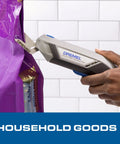 Dremel 4V Cordless Electric Scissors With USB Rechargeable Battery cutting open a purple packaging bag for easy access.