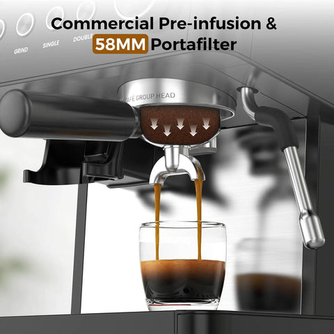 No Sweat Home Espresso Machine With Integrated Grinder And 20 Bar Pressure Pump Fast Heating Milk Frother For Creamy Foam Spacious Removable Water Tank For Bold Morning Sips And Perfect Cappuccino Pulls Black with 58MM Portafilter brewing espresso