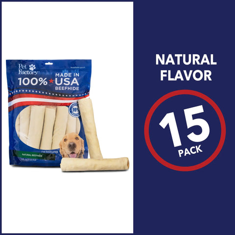 Beefhide Dog Chew Rolls 8 Inch Made In USA Natural Flavor 15 Count Pack Thick Rawhide Treats for Heavy Chewers Safe American Sourced Quality Chews for Dogs