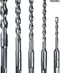 Front view of Makita 5-piece SDS-Plus drill bit set with carbide-tipped bits; sizes 1/2 in, 3/8 in, 5/16 in, 1/4 in, 3/16 in