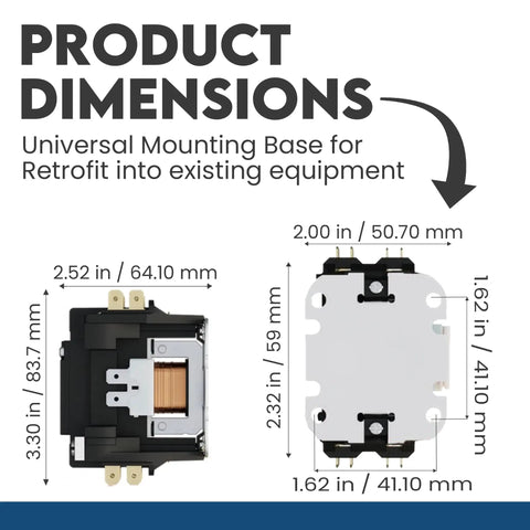 Dimensions of 2-Pole Definite Purpose Contactor With 120V Coil 40 Amp Heavy Duty HVAC Switch showing universal mounting base.
