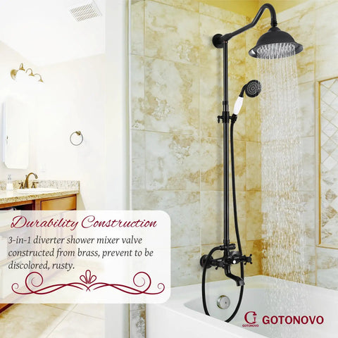 Oil Rubbed Bronze Shower Faucet Fixture With 8 Inch Rain Shower Head Dual Knob Control Triple Function Tub Spout 12 Inch Extension Included Durable Brass 3 In 1 Diverter Mixer Valve in bathroom setting