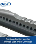 Close-up of precision nozzles on Oscillating Water Sprinkler For Lawn And Garden With Metal Base And Custom Pattern Dial Covers.