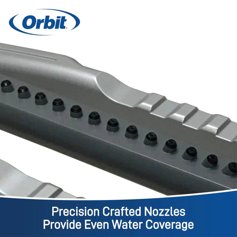 Close-up of precision nozzles on Oscillating Water Sprinkler For Lawn And Garden With Metal Base And Custom Pattern Dial Covers.