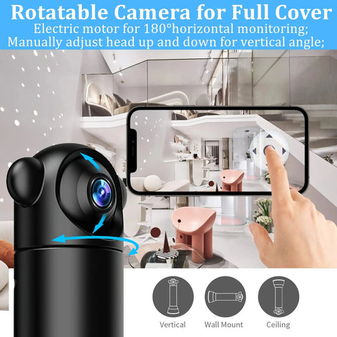 Ultra Tiny WiFi Hidden Camera Nanny Cam 1080P Mini Home Security with 180° rotation shown in smart home setup for indoor use.