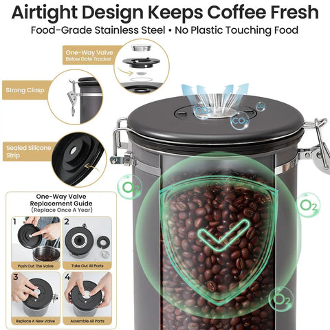 Airtight Stainless Steel Coffee Canister 39oz Large Storage Container For Coffee Beans Ground Sugar Espresso Rice Tea Flour Pods Kitchen Bar Organizer Gray Gift For Coffee Lovers with airtight seal demonstration.