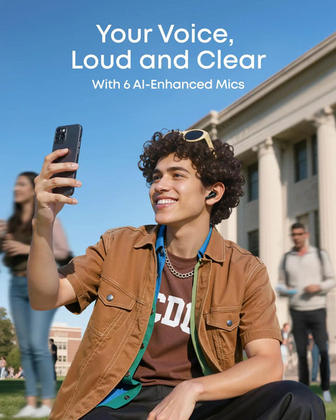 Person using Adaptive Noise Cancelling Wireless Earbuds With Real Time Translation And Hi Res LDAC Audio outdoors