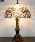 Tiffany Style Stained Glass Table Lamp With White Bent Shade 12 Inch Shade 18 Inch Tall Lit Bedside Desk Reading Light Antique Green Bronze Base UL Listed Decor For Bedroom Living Room Home Office