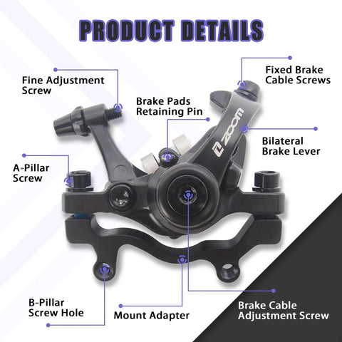 Hardcore Mechanical Mountain Bike Disc Brake Caliper Kit with labels for adjustment features and components in detailed view.