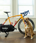 Indoor Bike Trainer Chain Cover And Drivetrain Guard Padded Chainstay Shield being used on a bike, with dog present, universal fit black.
