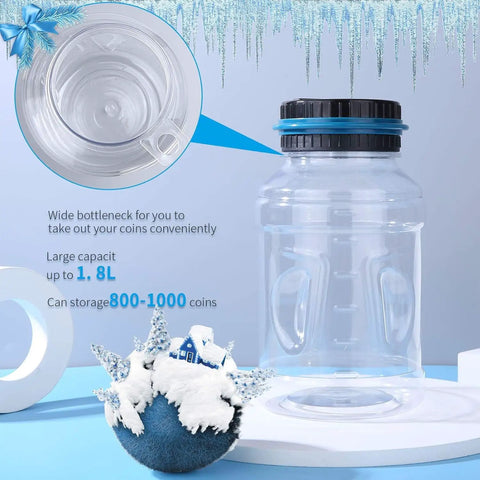Green Digital Coin Counter Money Bank with LCD display, 1.8L ABS jar showing wide mouth opening and detailed view of coin storage.