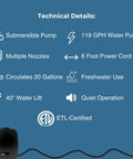 Compact Submersible Water Pump For Fountains Ponds And Birdbaths 119 GPH 40 Inch Lift Quiet Operation Energy Saving Black