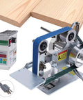 550W Brushless Belt Sander With Integrated Steel Bench Grinder showing motor, sanding belt, and wood for sharpening at workspace.