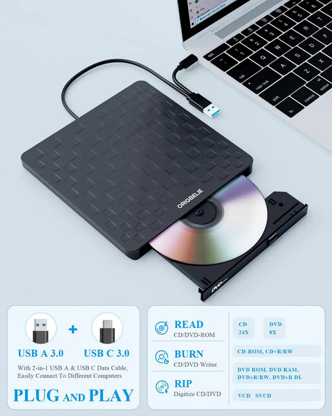 External CD DVD Drive For Laptops USB 3 Type C Plug And Play Portable Optical Drive No Driver Required USB Powered 13mm Slim DVD Player with laptop and disc