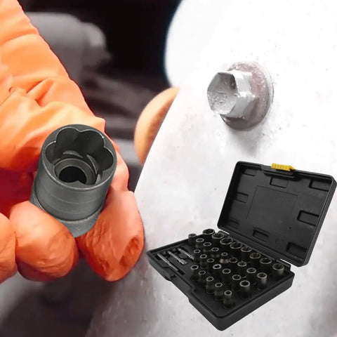Person holding an extractor from a 32 Piece Bolt Extractor Socket Set for removing damaged rusted bolts and nuts with adapters
