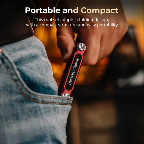 Person placing 10 In 1 Folding Tool Set For Photo And Video Gear With Screwdrivers And Hex Keys Multi Angle Positioning Portable Red Wrench Kit in pocket