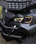 Close-up of the front of a 45 Mile Long Range 60V Electric Golf Cart 4 Seater with LED headlights and rugged bumper.