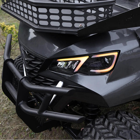 Close-up of the front of a 45 Mile Long Range 60V Electric Golf Cart 4 Seater with LED headlights and rugged bumper.