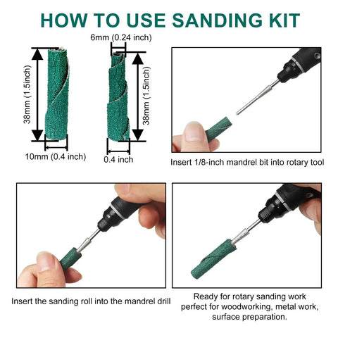 Diagram showing how to use 120 Grit Zirconia Sanding Bands For Detail Work Set 0.4 Inch By 1.5 Inch on rotary tool with mandrel.