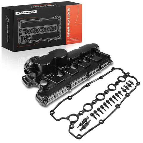 Engine Valve Cover With Gasket And Bolts For VW 2.5L L5 Engines Beetle 2006-2018 Golf 2010-2014 Jetta 2005-2014 Passat 2012-2014 Rabbit 2006-2009 Replacement Direct Fit Premium shown with packaging.