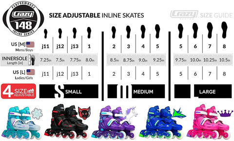 Size chart and color options for Adjustable Inline Skates For Kids With Four Size Expansion Urethane Wheels And ABEC5 Bearings