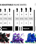 Adjustable Kids Inline Skates Grow With You Across Four Sizes With Push Button Expansion, colorful design and size chart