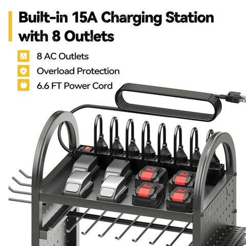 Rolling Garage Storage Cart With 8 Outlet Power Strip On Wheels, charging station, tool organizer, and utility cart.