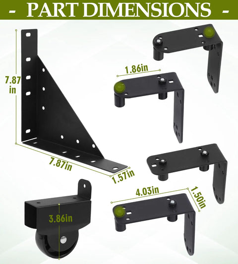 Sliding Gate Hardware Kit For Wooden Fence And Deck Gate Heavy Duty Rolling Gate Kit With Wheels Anti Sag Corner Brackets Guide Rollers And Self Locking Latch Adjustable Fit For 1 To 2 Inch Gates. Part dimensions with black steel corner brackets and rollers