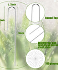 100 Pack Drip Irrigation Staples, J Shape Garden Stakes, 5 Inch Lawn Pins for Securing Half Inch Drip Tubing, Landscaping Stakes for Outdoor Garden, Durable Silver Finish, DIY Friendly Setup. Image shows dimensions and features of J-shaped galvanized steel stakes.