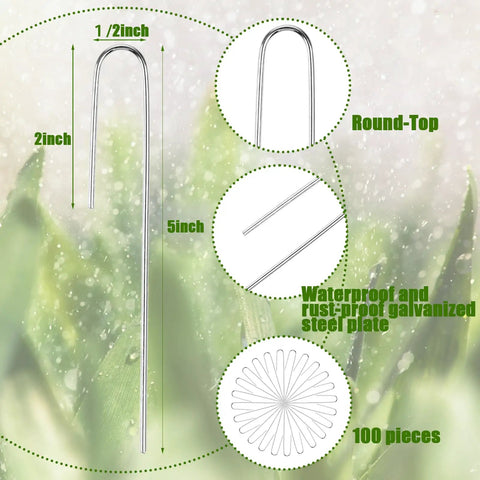 100 Pack Drip Irrigation Staples, J Shape Garden Stakes, 5 Inch Lawn Pins for Securing Half Inch Drip Tubing, Landscaping Stakes for Outdoor Garden, Durable Silver Finish, DIY Friendly Setup. Image shows dimensions and features of J-shaped galvanized steel stakes.