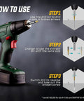 Instructions showing how to use a 22 Piece Titanium Screw Extractor Set For Stripped Screws And Bolts Reverses Damaged Threads With Any Drill